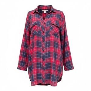 Hester & Orchard Red Navy Plaid Button Front Shirt Size Medium Boho Cottage
